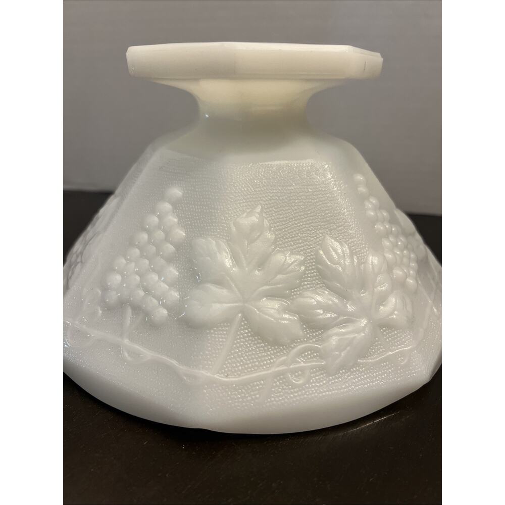 Vintage Anchor Hocking White Milk Glass Pedestal Bowl w/ Grape & Leaf Pattern 9"